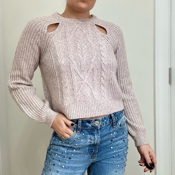 Cut Out Marled Knit Cable Pattern Crew Neck Pullover - Picture 1 of 8